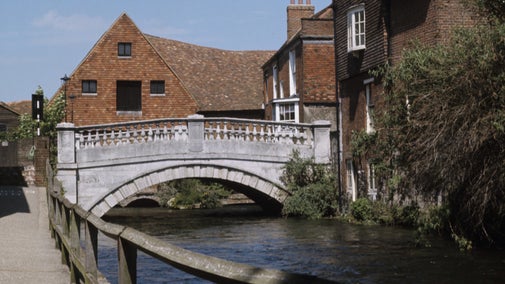 Footpath and river with exterior of mill in background, Winchester City Mill, Hampshire